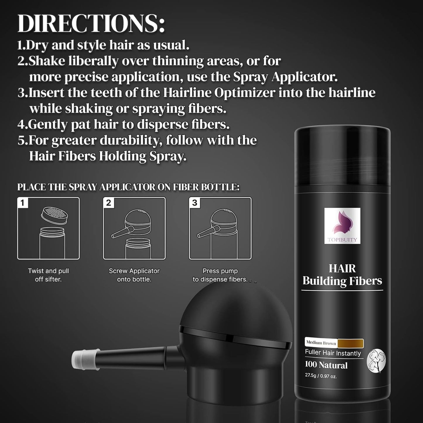 Hair Fibers & Applicator 3-in-1 Set - Natural Concealing Hair Thickening Fibers - Long-Lasting Spray with Accessory for Crisp Hairlines, Thicker Beard & Styling (medium brown)