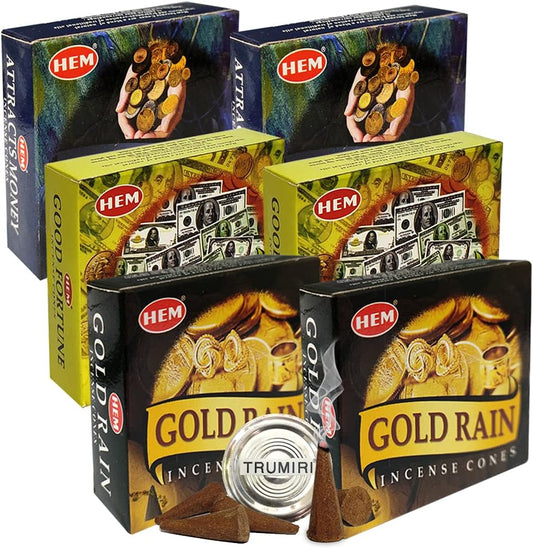 Attracts Money Good Fortune Gold Rain Incense Cones & Holder Bundle Variety Pack From Hem Trumiri Insense Insence