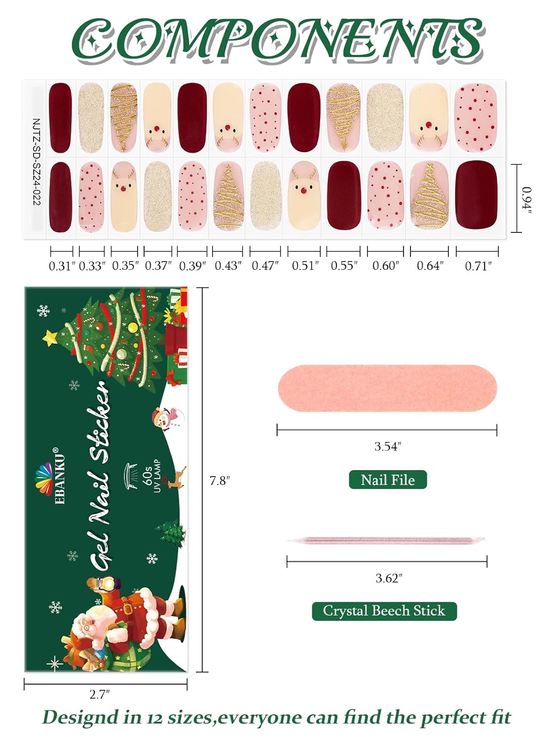 EBANKU 24PCS Christmas Semi-Cured Gel Nail Strips, Christmas Elk TreeAdhesive Gel Nail Art Sticker, Waterproof Gel Nail Wrap Stickers with Nail File and Stick