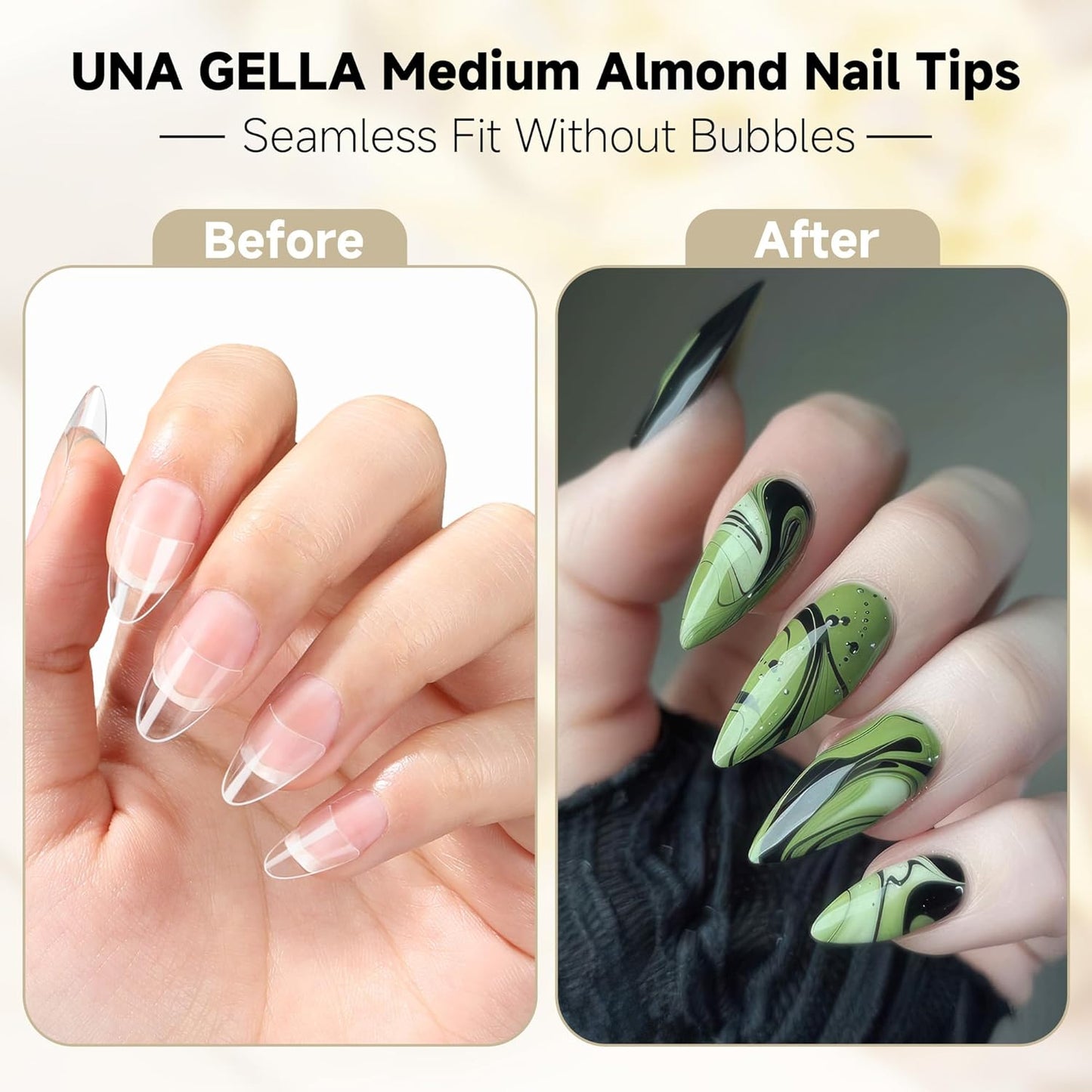 UNA GELLA Almond Shape Nail Tips Half Cover 216pcs Medium Almond Gel Nail Tips Pre-buff Matte Soft Gel Acrylic Press On Nails Easier Nail Extentions Art Salon 12 Sizes