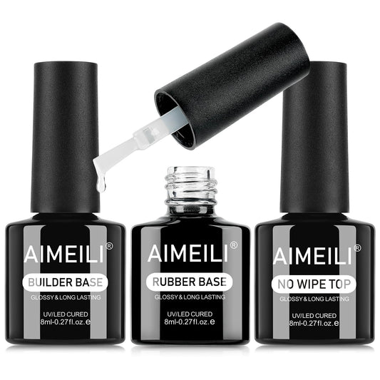 AIMEILI Builder Nail Gel Rubber Base Top Coat Kit 3pcs, Hema Free, Cruelty Free, Vegan, Clear High Gloss Gel Nail Polish Long Lasting Nail Art