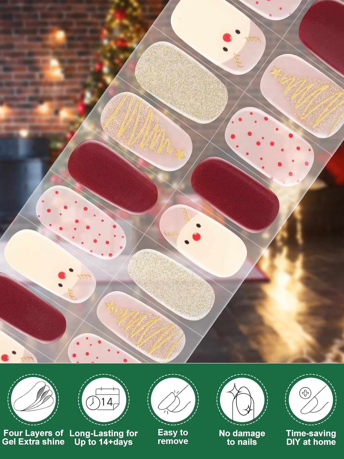 EBANKU 24PCS Christmas Semi-Cured Gel Nail Strips, Christmas Elk TreeAdhesive Gel Nail Art Sticker, Waterproof Gel Nail Wrap Stickers with Nail File and Stick
