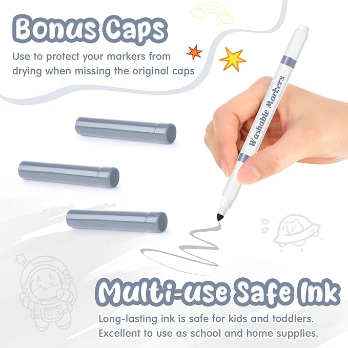 18 Pcs Line Washable Markers Bulk Grey Fine Tip Markers Set Coloring Thin Tip Drawing Washable Pen for Kids Art School Classroom Back to School Gender Reveal Party Supplies, Ages 6+