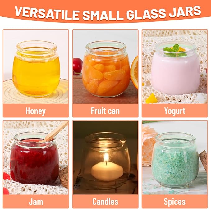 7oz Glass Jars with Cork & PE Lids 40Pack, Small Glass Pudding Jar for Wedding Favors, Milk, Jams and DIY Gift, Yogurt Jars with Tags and Twine Included