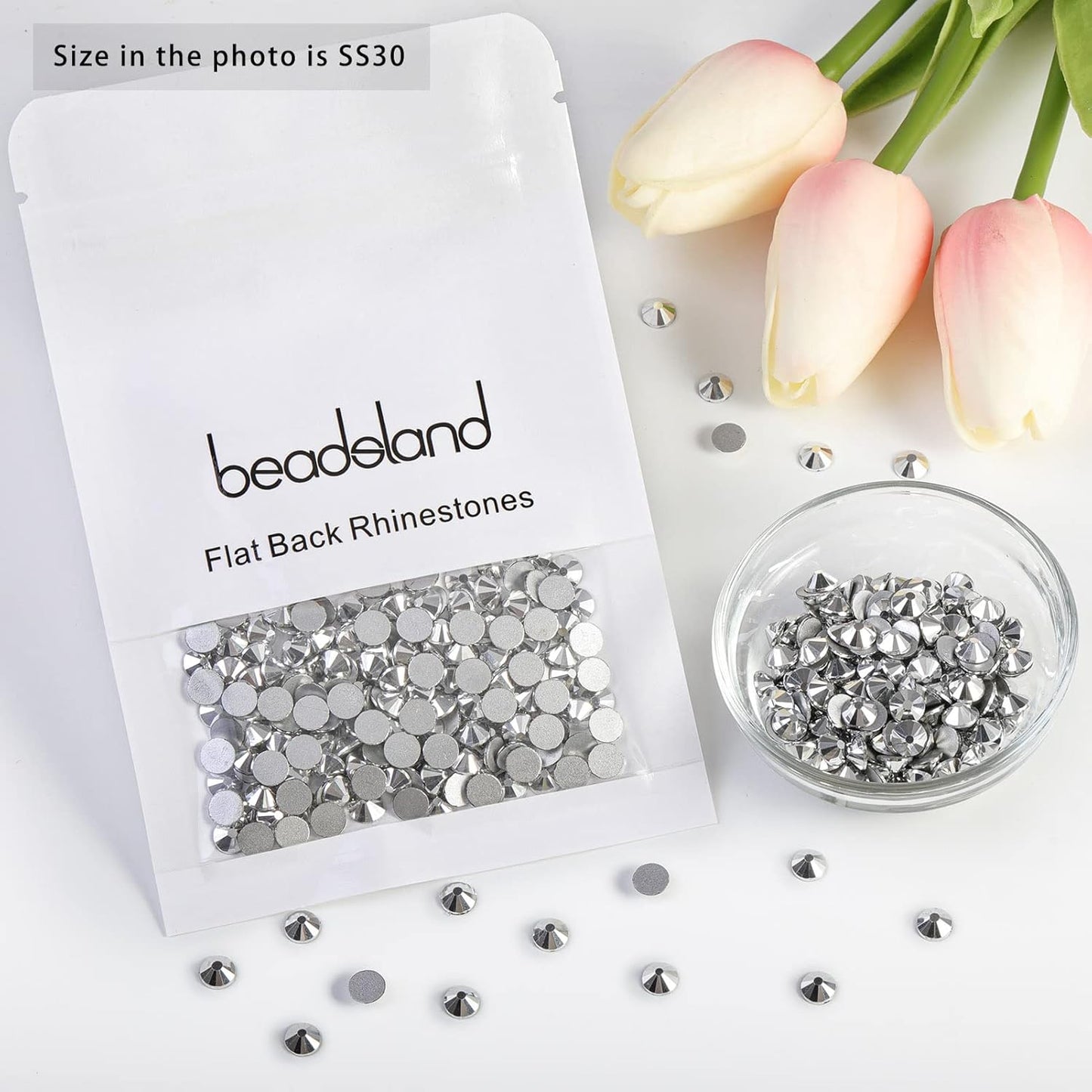 beadsland Flat Back Crystal Rhinestones Round Gems for Nail Art and Craft Glue Fix,Silver Hematite (6.4-6.6mm) SS30/288pcs