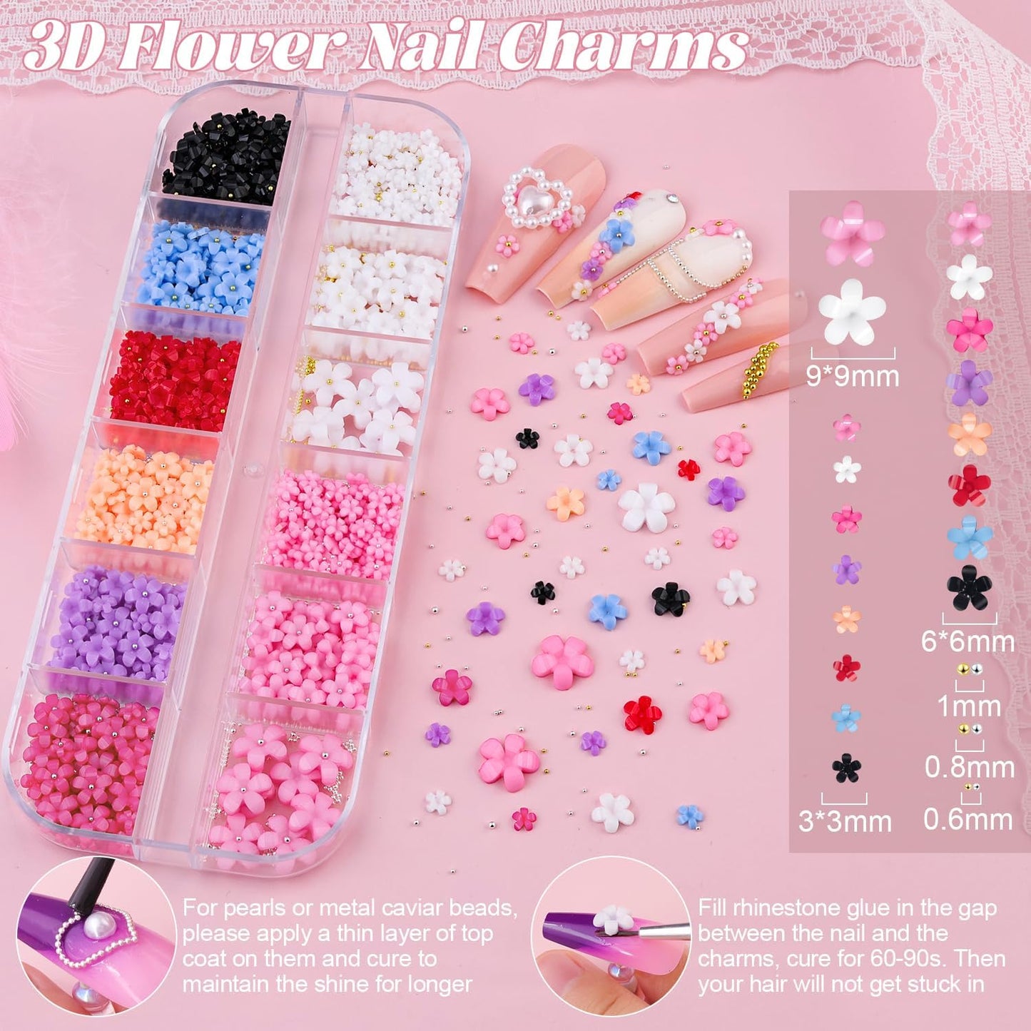 Pearls Nail Charms - White Flatback Pearls, 3D Flowers & Rhinestones Glue Gel for Nail Art