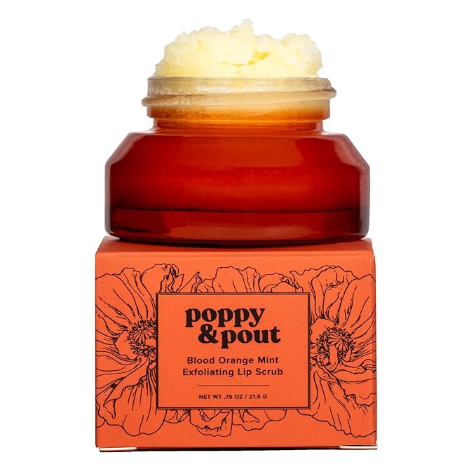 Poppy & Pout Natural Lip Scrub, Moisturizing Sugar Scrub for Dry Lips, Lip Scrubber Exfoliator with Essential Oils Smooths and Hydrates Lips, In Recyclable Glass Jars, Cruelty Free - Blood Orange Mint