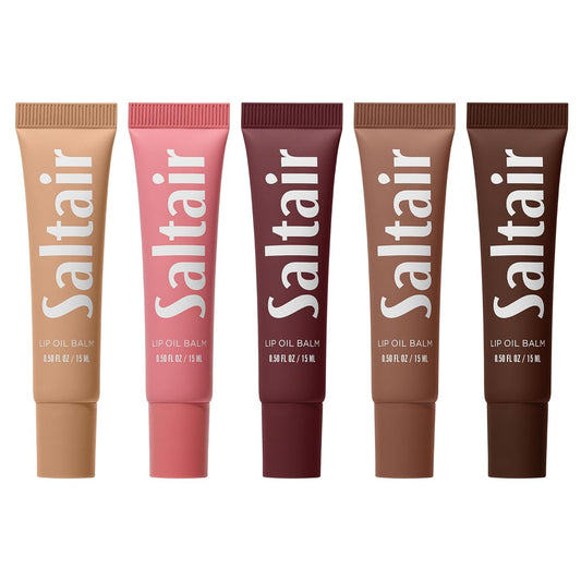 Saltair Hydrating Lip Oil Balm, Clear and Tinted Lip Gloss, Essentials Shades 5-Pack. Moisturizing Vegan Conditioning for Dry Cracked Lips with Glossy High-Shine Finish. Coconut Vanilla Flavor