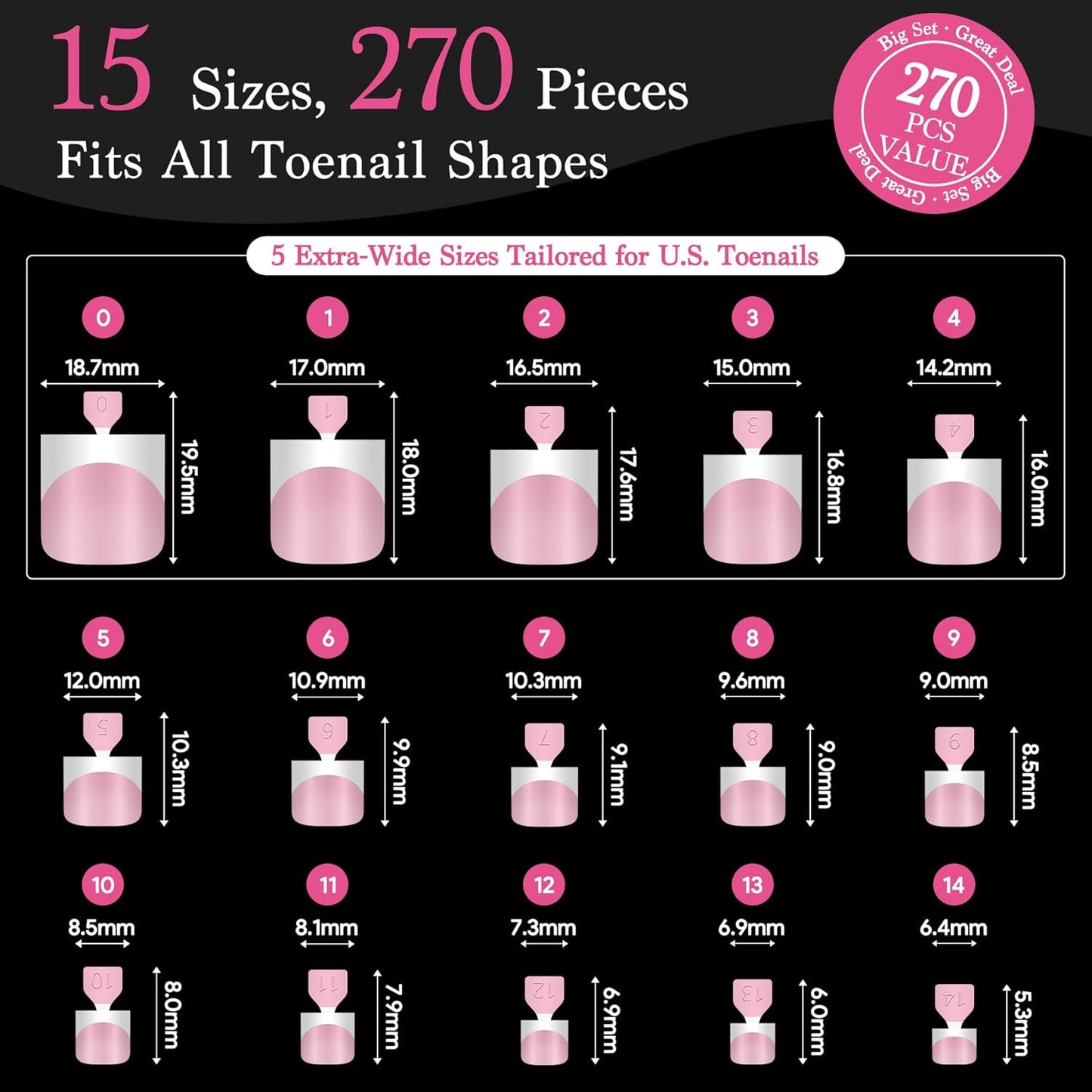 Press On Toenails for Women French Tips, Sharp Square Pre-applied Primer & Base Coat Toe Nail Press Ons Baby Pink Full Cover Fake Tips Extension 15 Sizes 270 Pcs, Builder Nail Gel & Top Coat Required