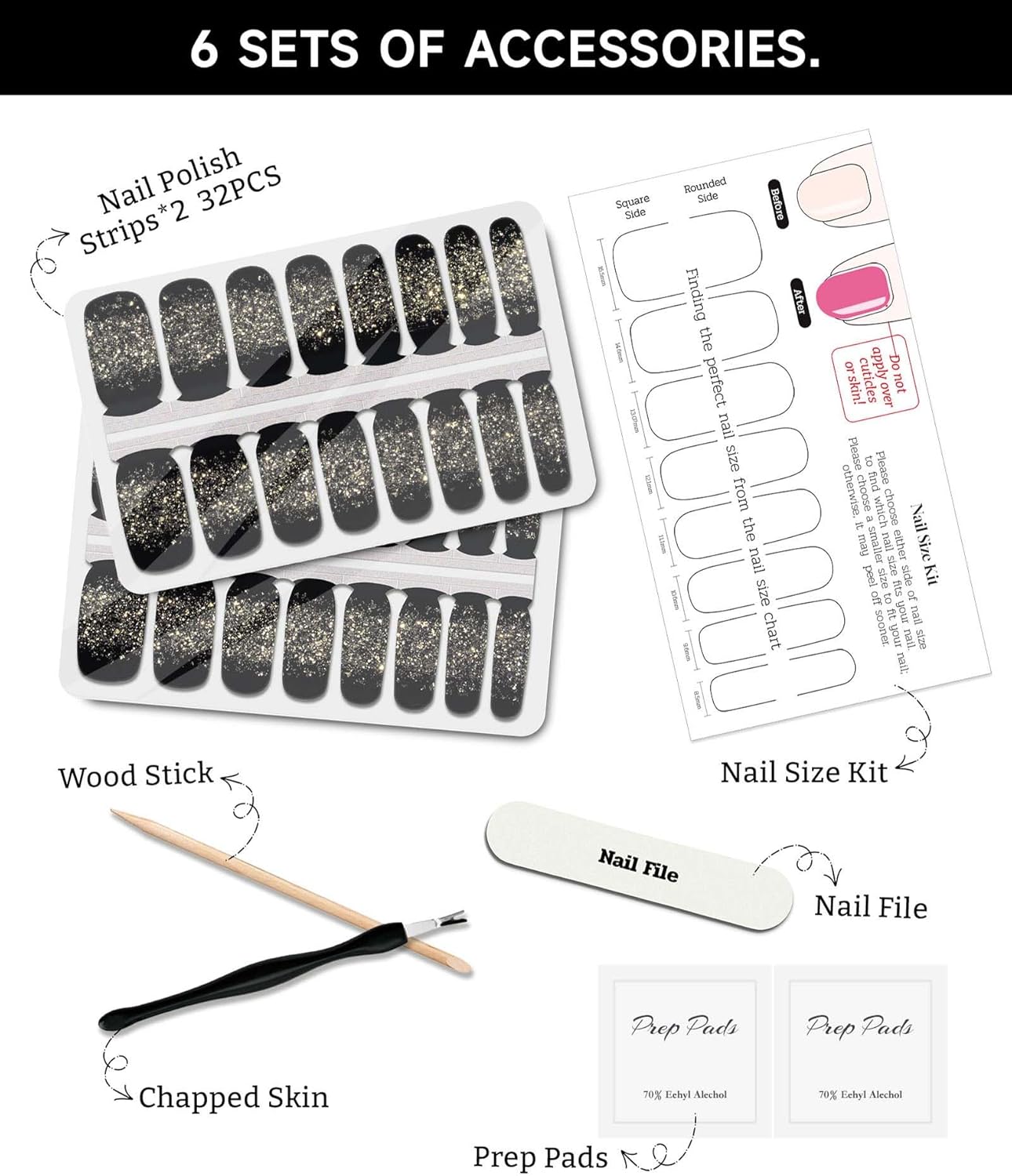 Glitter Nail Polish Strips, 32 Pcs Salon Quality Gel Nail Stickers, Long Lasting Wraps Easy to Use & Remove (Fireworks in The Dark)