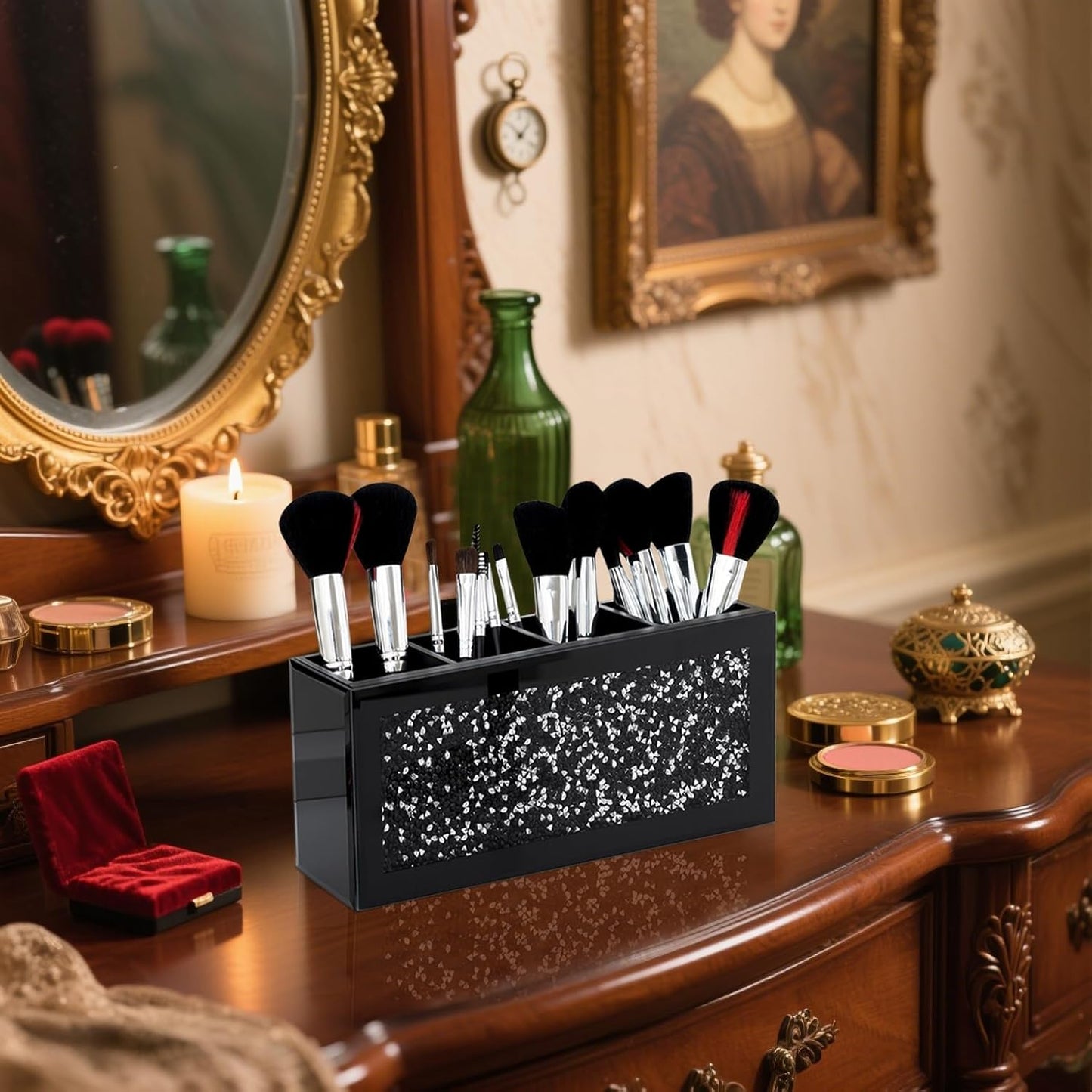 SHYFOY Black Makeup Brush Holder, 4-Compartment Makeup Organizer with Crushed Diamond Crystals, Vanity Cosmetics Organizer Solution, Pencil Holder Organizer for Desk