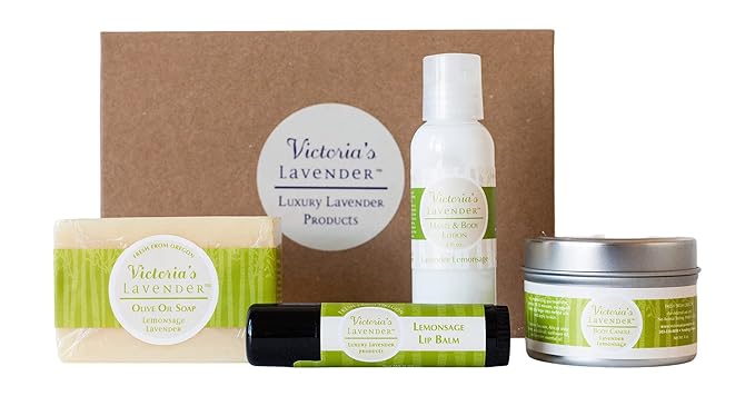 Victoria's Lavender Natural Body Products Gift Set - Handmade Soap, Hand & Body Lotion, Lip Balm, Body Candle Skin Care Sets & Kits, Lavender Bath and Body Products for Women, Lavender Lemongrass