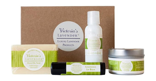 Victoria's Lavender Natural Body Products Gift Set - Handmade Soap, Hand & Body Lotion, Lip Balm, Body Candle Skin Care Sets & Kits, Lavender Bath and Body Products for Women, Lavender Lemongrass