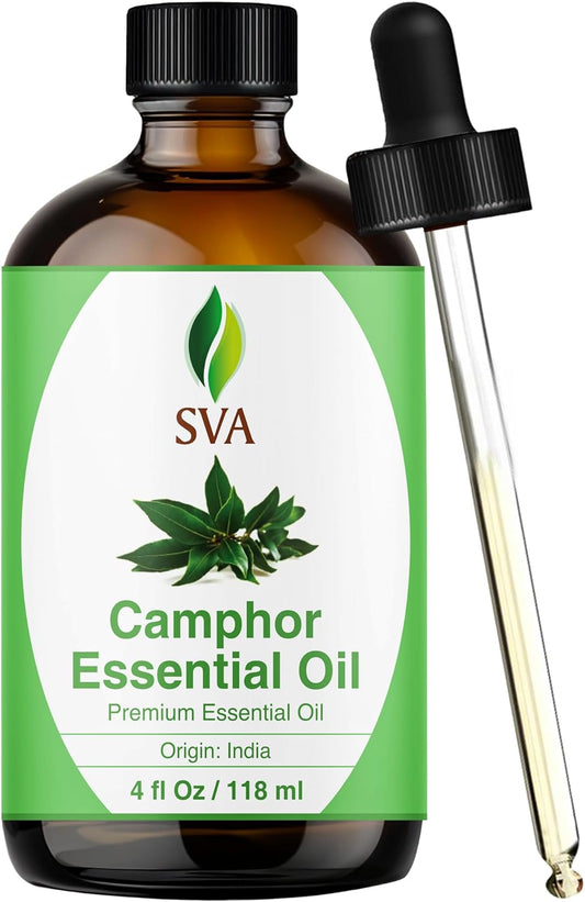 SVA Camphor Essential Oil – 4 Fl Oz – 100% Natural Camphor Oil - for Diffuser, Hair Care, Face, Skin Care, Aromatherapy, Scalp and Body Massage, Soap and Candle Making – with Dropper