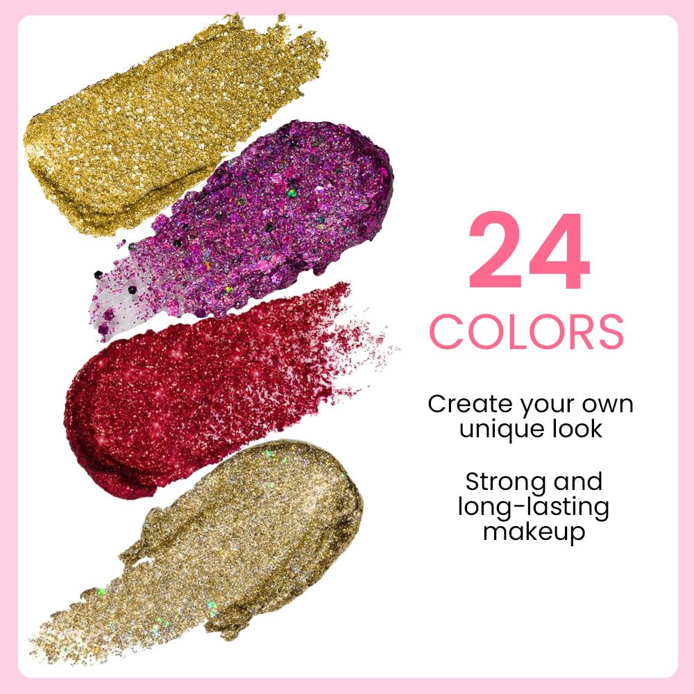 evpct 24 Colors Glitter Eyeshadows Palette Makeup for Women, Black White Pink Green Blue Rainbow Sparkle Neon Metallic Shimmer Shiny Eyeshadow Palette, Body Pressed Eye Shadow Glitter Palettes Makeup