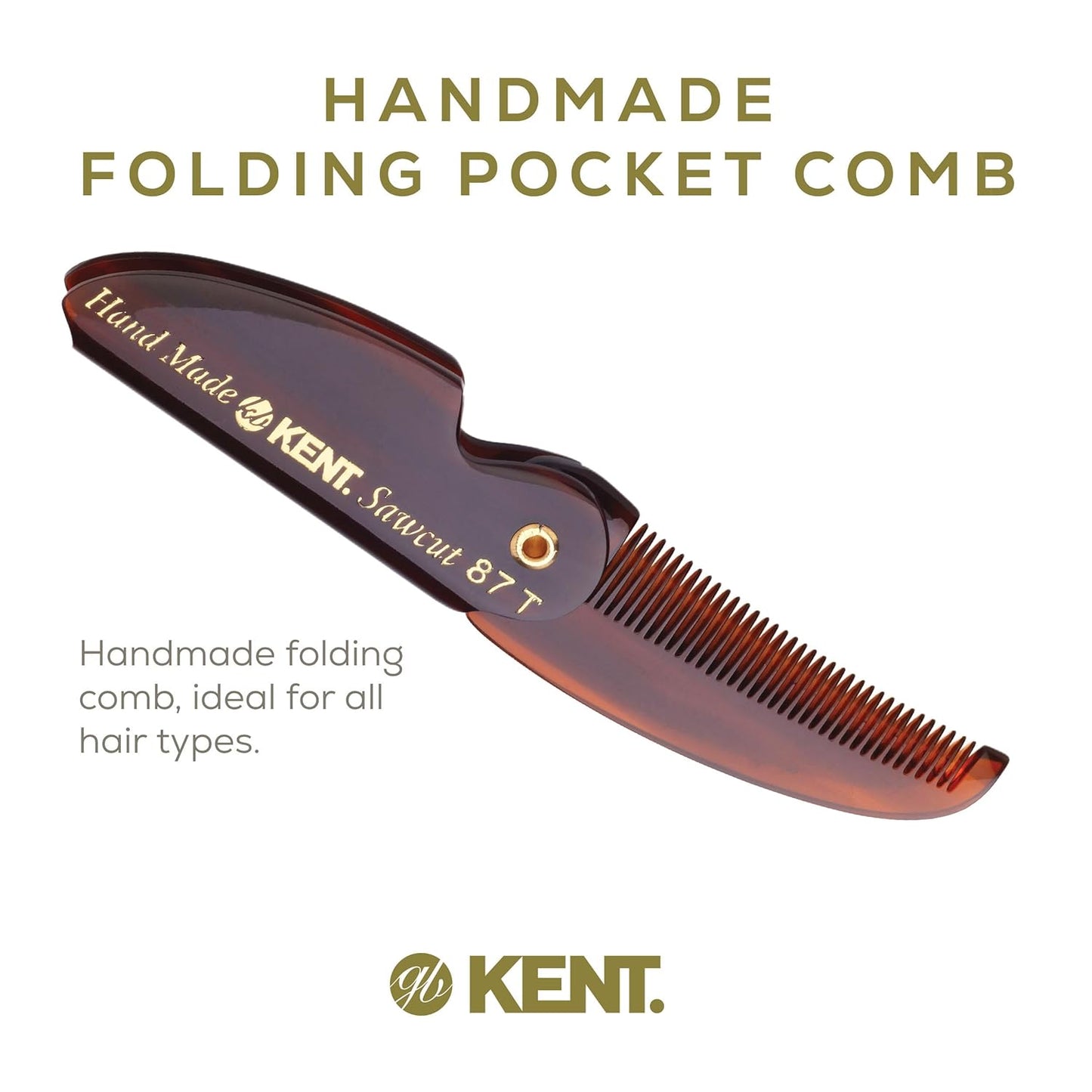 Kent 87T Handmade Folding Pocket Comb for Men, Fine Tooth Hair Comb Straightener for Everyday Grooming Styling Hair, Beard or Mustache, Use Dry or with Balms, Saw Cut Hand Polished, Made in England