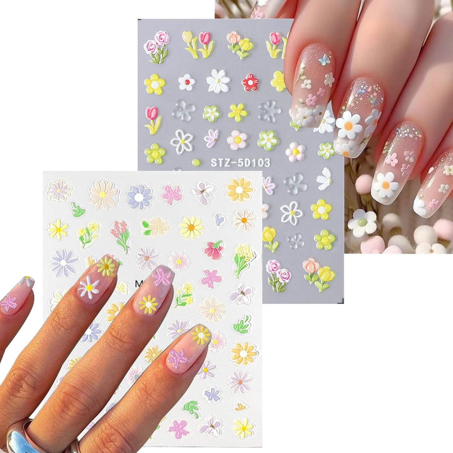 Flower Nail Art Stickers 7 Sheets 5D Nail Decals Spring Summer Nails Art Design 3D Self-Adhesive Supplies White Yellowe Daisy Flower Nails Decoration for Women DIY Design