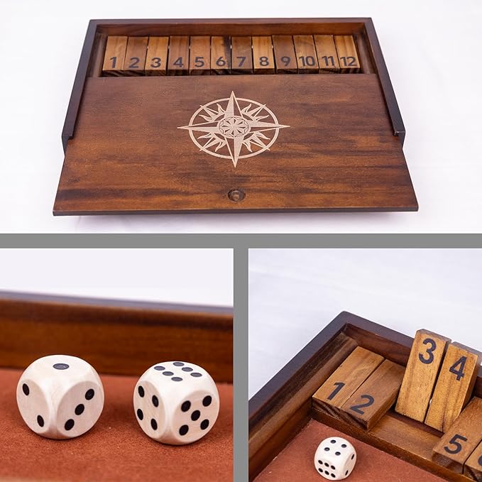 Shut The Box Game with 12 Pcs Wooden Numbers，Wooden Board Table Math Game