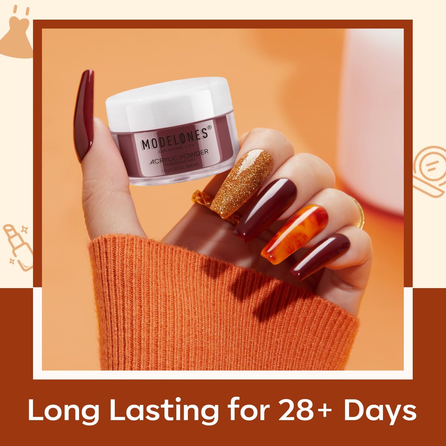 MODELONES 6 Colors Acrylic Powder, Fall Autumn Acrylic Nail Powder Gold Red Yellow Orange Nail Acrylic Powder for Acrylic Nail Art 3D Nail Carving French Nail Extension, Gifts for Women