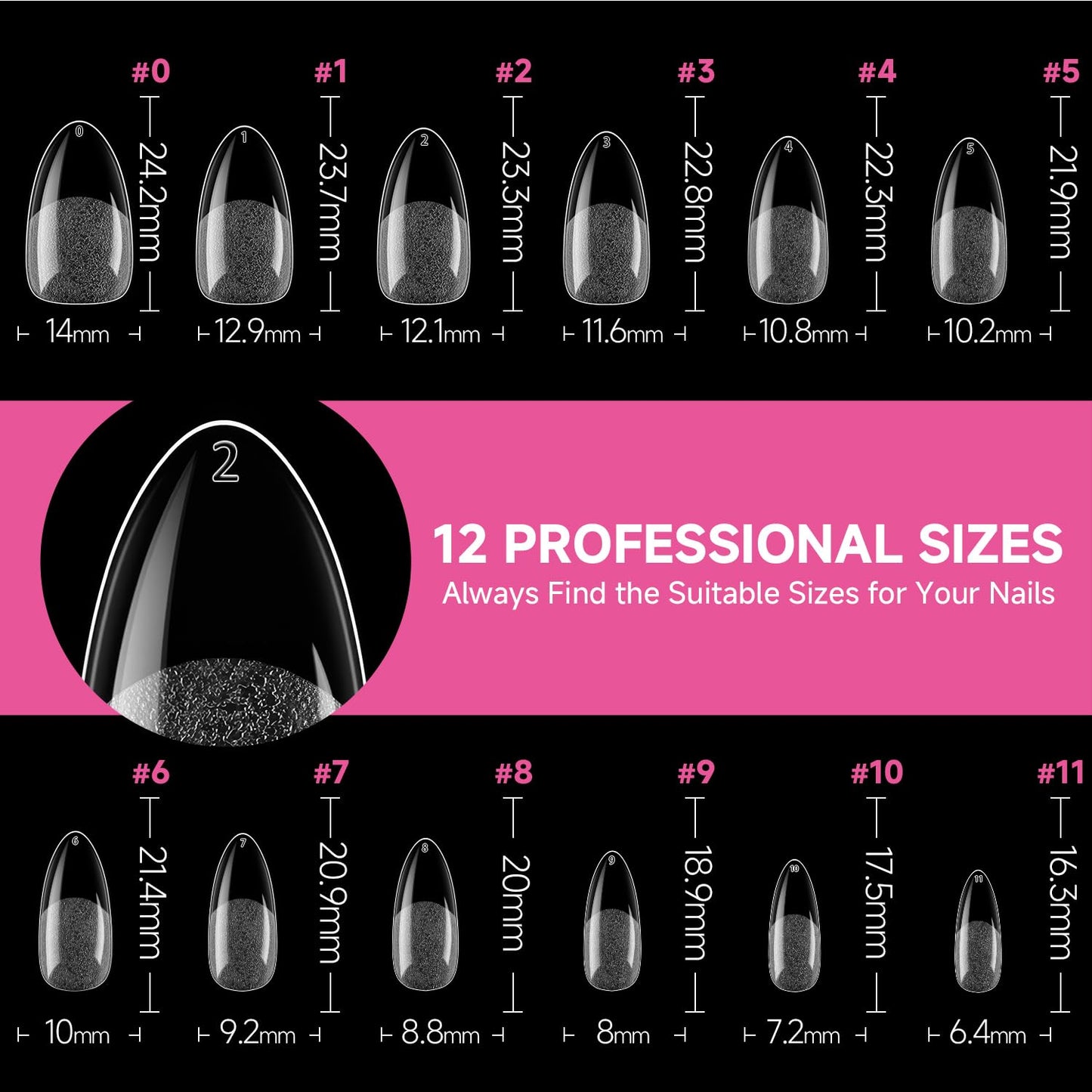 UNA GELLA Medium Almond Nail Tips, 312pcs Almond Gel Nails Tips Shape Pre Etched Full Cover Clear Fake Acrylic Pointed Press On Nails No C Curve for Nail Extension Art DIY Salon 12 Sizes