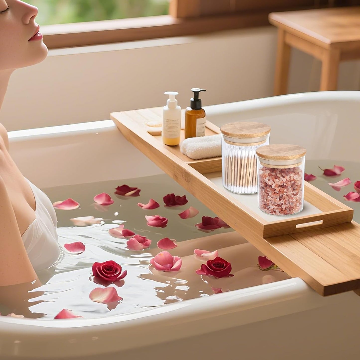 2 Pack Glass Qtip Holder Dispenser Set - Apothecary Jars with Lids for Vanity Makeup Organizer - Bathroom Canister Storage Organizer for Cotton Ball, Swab, Round Pads,Floss