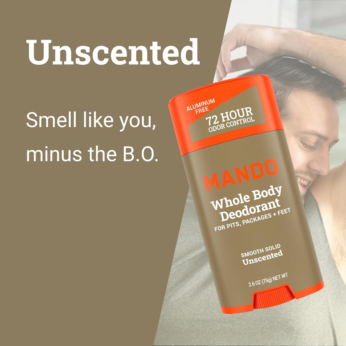 Mando Whole Body Deodorant For Men - Smooth Solid Stick - 72 Hour Odor Control - Aluminum Free, Baking Soda Free, Skin Safe - 2.6 Ounce (Pack of 2) - Unscented