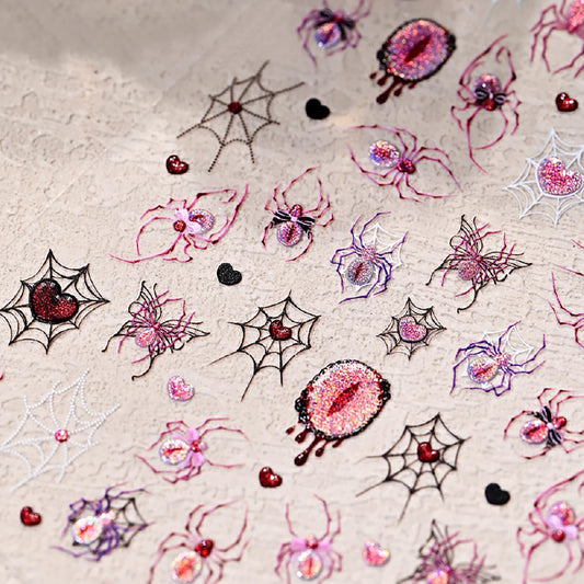 Halloween Nail Stickers 3D Self-Adhesive Goth Nail Art Stickers Pink Spider Web Spider Heart Glitter Design Halloween Acrylic Nail Art Decoration Cute Horror Nail Decals for Women Acrylic Nails DIY