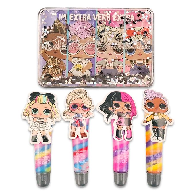 Game Party LOL Surprise Lip Gloss Set - Bundle with 4 LOL Lip Gloss Tubes, a Collectible Cosmetic Case, and More | LOL Doll Lip Gloss