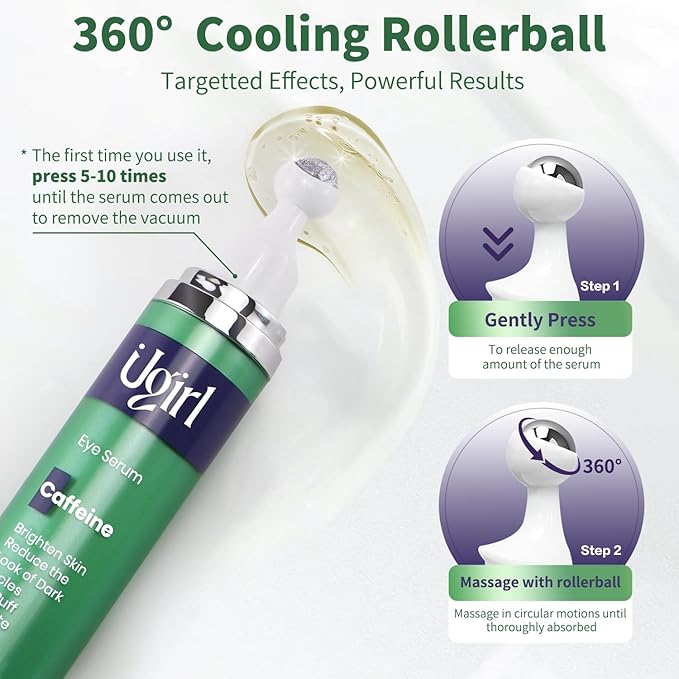 Eye Serum for Dark Circles, 5% Caffeine Under Eye Cream for Wrinkles, Morning Puffiness and Fine Lines, Deeply Repairs the Muscles Around the Eyes with 360°Massage Ball, 0.5 Fl Oz