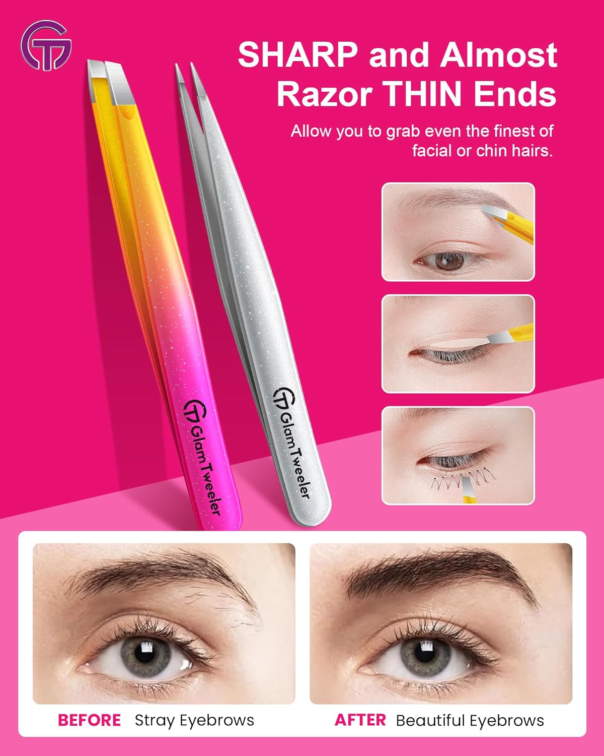 Expert Slant and Point Tip Tweezer Set with Exclusive Travel Case, GlamTweeler Sharp & Precision Tweezer Set for Eyebrows, Facial Hairs & Fine Hairs Removal (Sparkle Hot Pink + Silver)