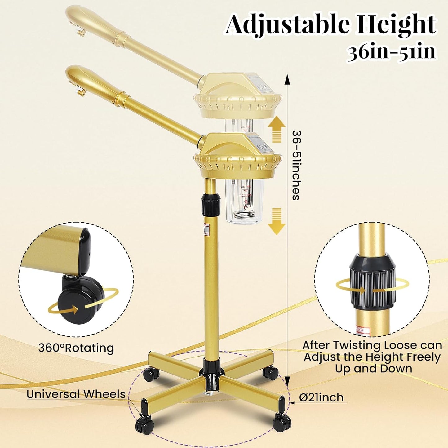 Facial Steamer Professional with More Steam for Deep Cleansing and Hydration, Estheticians Steamer on Wheels with Time Setting, Face Steamer Adjustable Height for Beauty, Spa and Home Use（Golden）