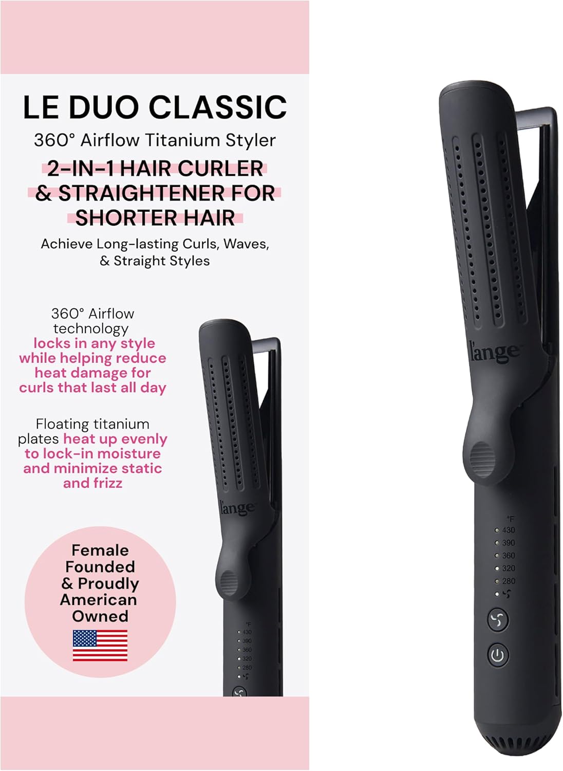 L'ANGE HAIR Le Duo Standard 360° Airflow Styler | 2-in-1 Curling Wand & Titanium Flat Iron Hair Straightener | Professional Hair Curler with Cooling Air Vents | Dual Voltage & Adjustable Temp (Black)