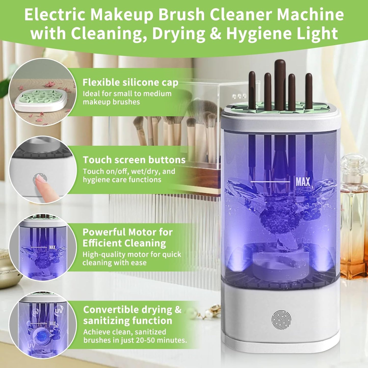 Electric Makeup Brush Cleaner - 9000 RPM Makeup Brush Cleaning Machine with Dry Function - IP65 Waterproof Automatic Makeup Brush Cleaner for Makeup Sponges and Brushes Cosmetic Brush Cleaner Plug-in