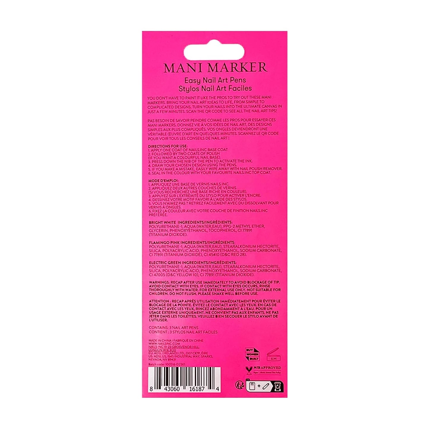 Nails Inc Neon Mani Marker Nail Art Pen Trio, DIY Nail Drawings, Fine Tip, Thin Brush, No Bleed, Manicure Tools, Drawing & Painting, Long Lasting, Vegan, Cruelty Free, Nail Art Pen, 3 Piece Set