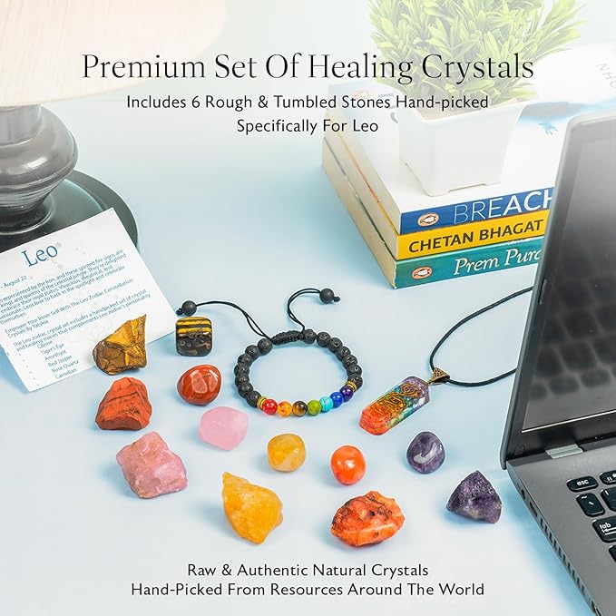 NARIBABU Leo Crystal Gift - Zodiac Crystals - Healing Crystal Pendant & Bracelet - Leo Horoscope Gifts - Zodiac Crystals for Beginners - Good Luck Birthstones Crystal Kit