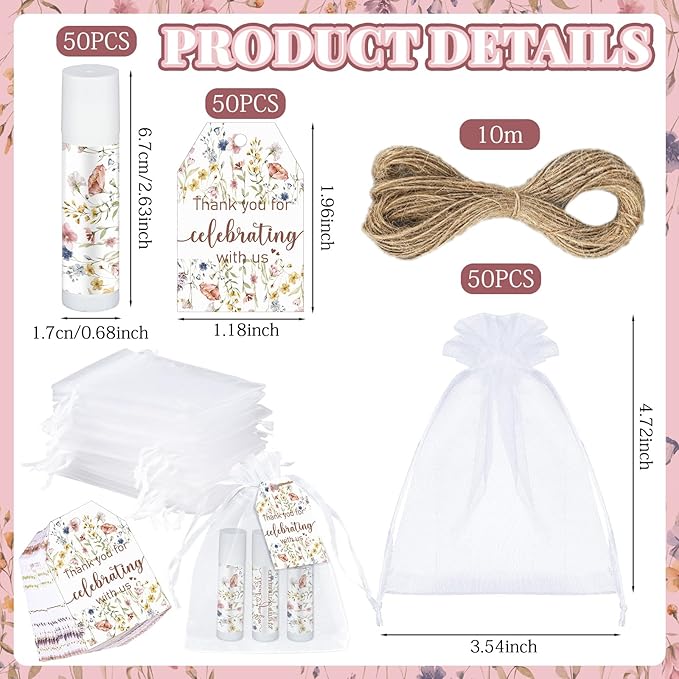 Dunzy 50 Pack Wildflower Party Baby Shower Favors Bulk Lip Balms Gifts Wedding Bridal Shower Favors Small Thank You Appreciation Gifts for Guests Women Employees Teachers Coworker Staff