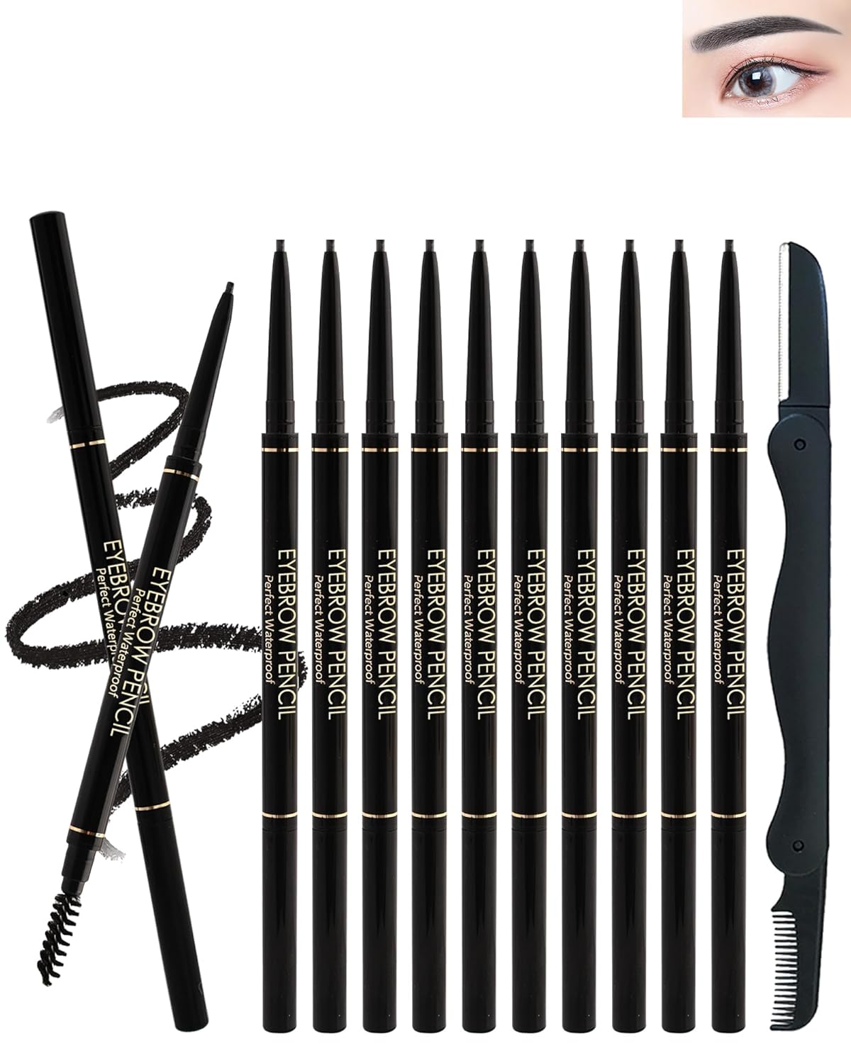 12 Pcs Waterproof Black Eyebrow Pencil Set, Professional Brow Micro Eyebrow Retractable Pencil, Ultra Fine Long Lasting for Eye Brows Women Eye Makeup Shaping & Filling Brow Gel Pen- 01