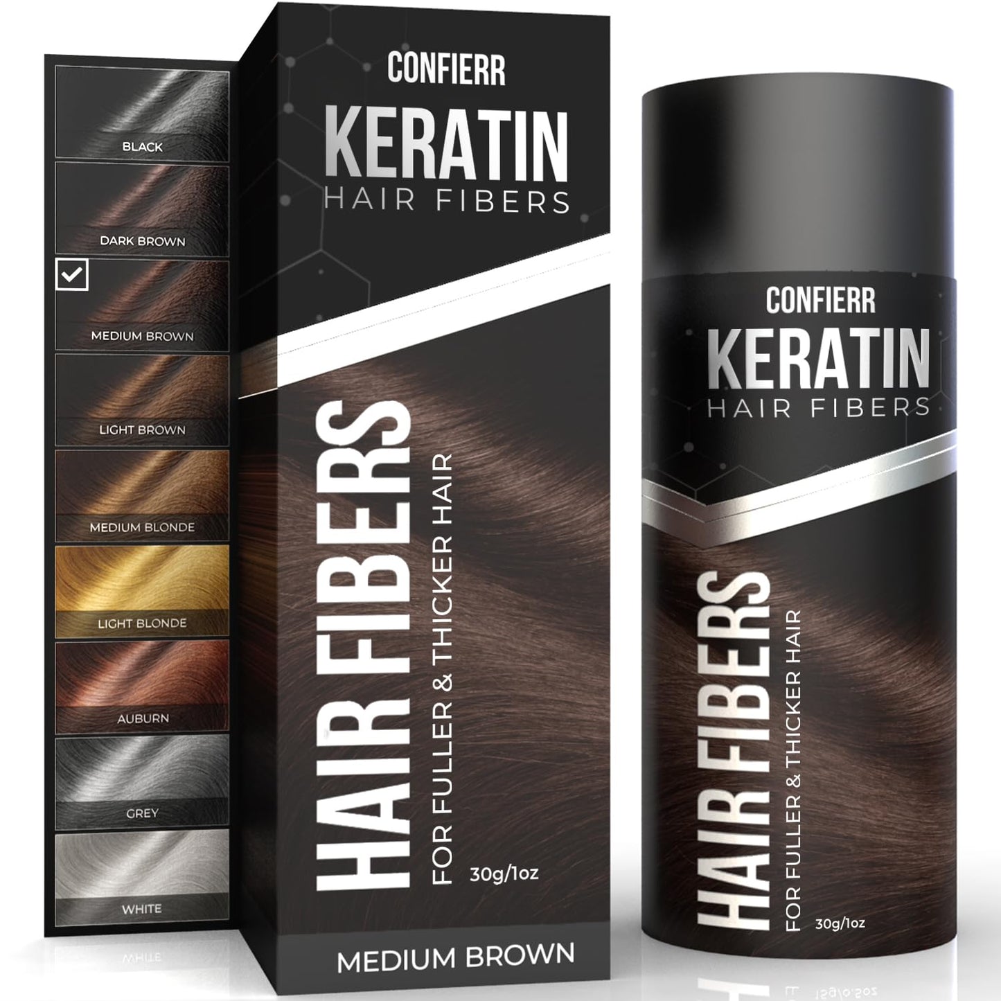 Keratin Hair Fibers for Men & Women - Fill In Fine or Thinning Hair, Instantly Thicker, Fuller Looking Hair (Medium Brown 30g)