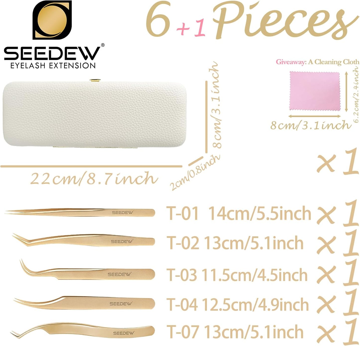 Tweezers Box Set, 5 PCS Isolation Pointy Precision Professional Stainless Tweezers with a PU Storage Case, Organizer Kit for Eyelash Extension, Beginner Lash Tech, Crafts Repair(White, Golden)