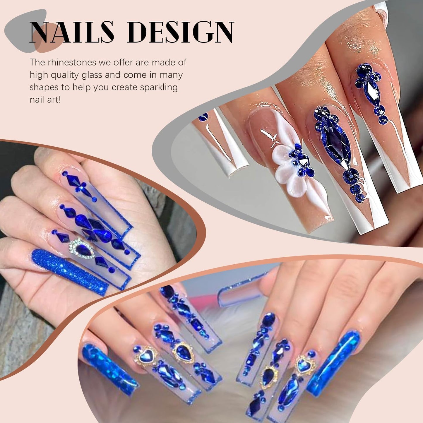 Royal Blue Glass Nail Rhinestones - 2060 Pcs Multi Shapes + 2000 Pcs Round Crystal with Glue Gel for Nail Art