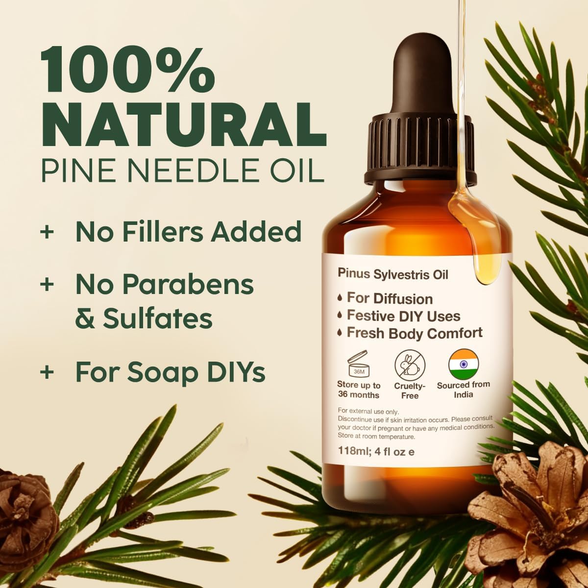 Kukka Pine Essential Oil for Diffuser - 4 Fl Oz - Pine Oil, Woody Scent, for Candle, DIY Soap Making Scents