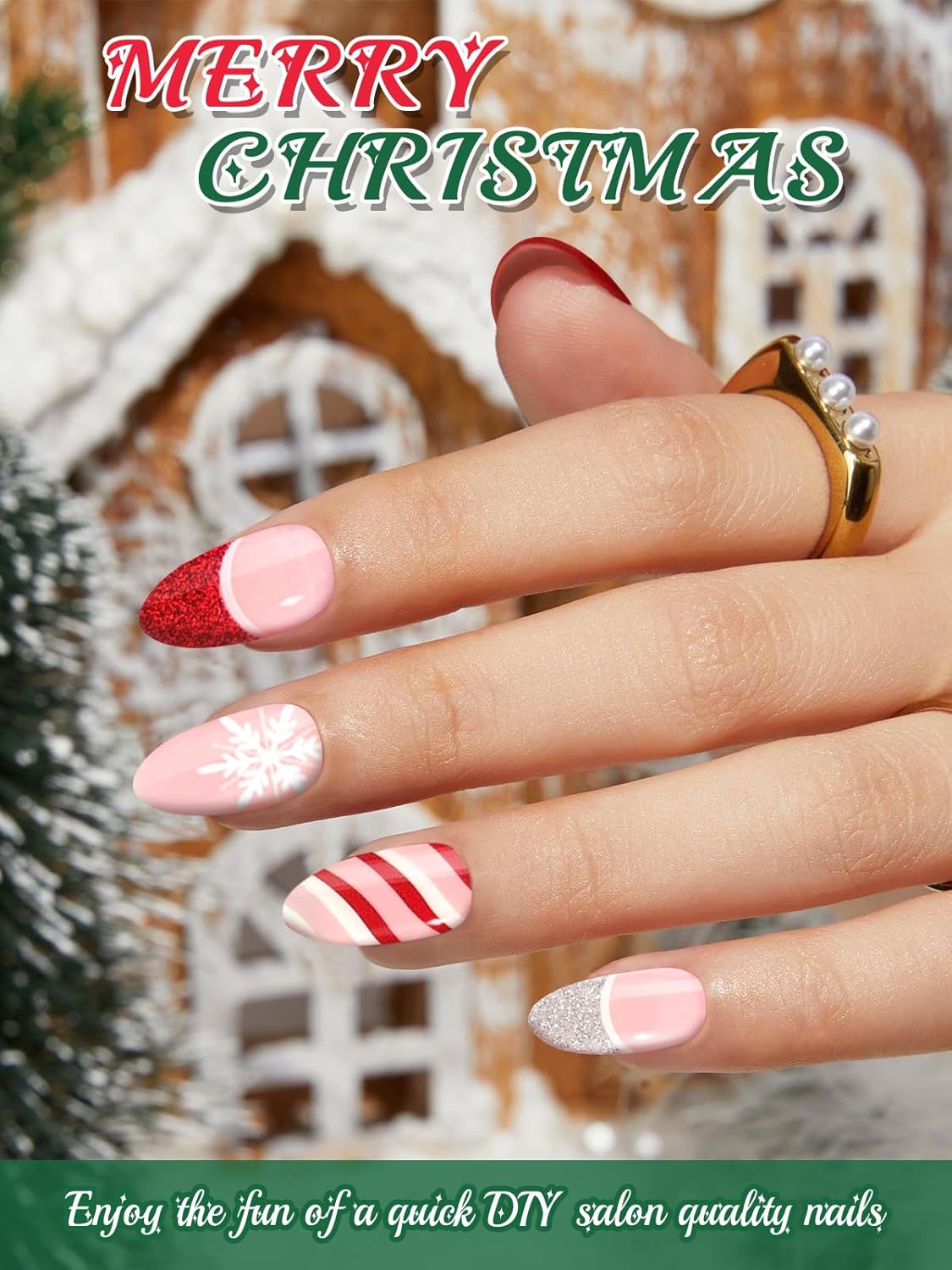 EBANKU 24PCS Christmas Semi-Cured Gel Nail Strips, French Glitter Adhesive Gel Nail Art Sticker, Waterproof Gel Nail Wrap Stickers with Nail File and Stick（UV/LED Lamp Required）