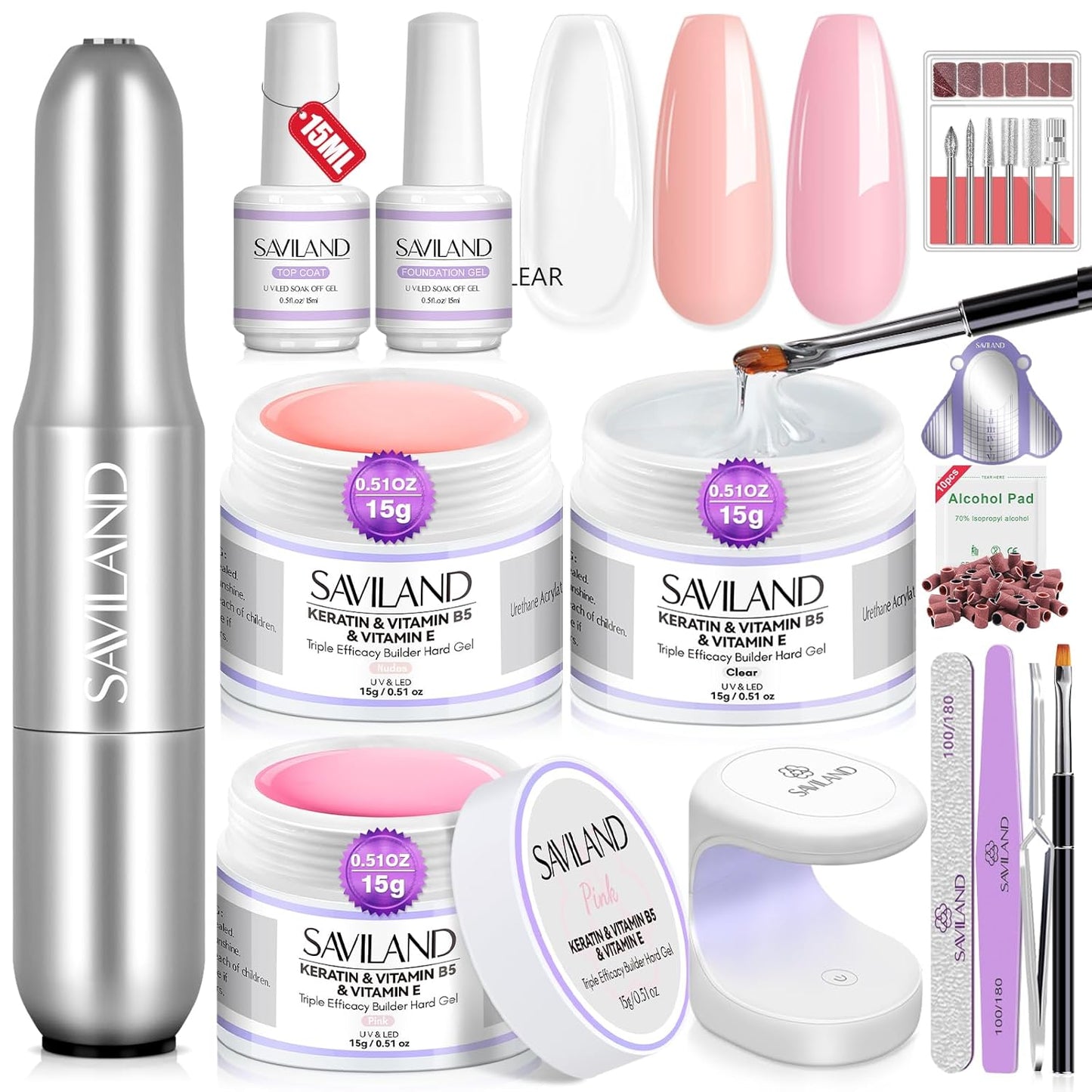 SAVILAND Builder Nail Gel Set with Nail Drill - 3 Pcs Hard Gels(VE&VB5&Kerain) Clear Pink Nudes Builder Nails Gel with Lamp Brush Nails Strengthener Gels for Extension Shaping DIY at Home Salon