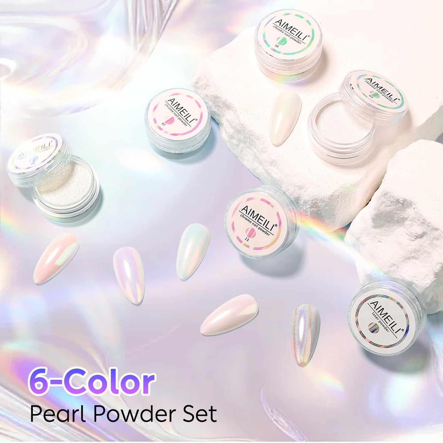 AIMEILI Pearl Chrome Nail Powder, Vegan, Cruelty Free, 6 Colors Aurora Metallic Holographic Mirror Effect Nail Art Pigment Iridescent Shell Glitter Nail Art