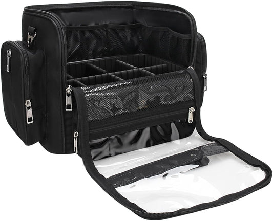 Makeup Brush Bag, Makeup Artist Must Haves, Professional Travel Makeup Brush Case, Extra Large Stand Up Make Up Brush Holder Makeup Organizer, Full Open With Compartments and Shoulder Strap