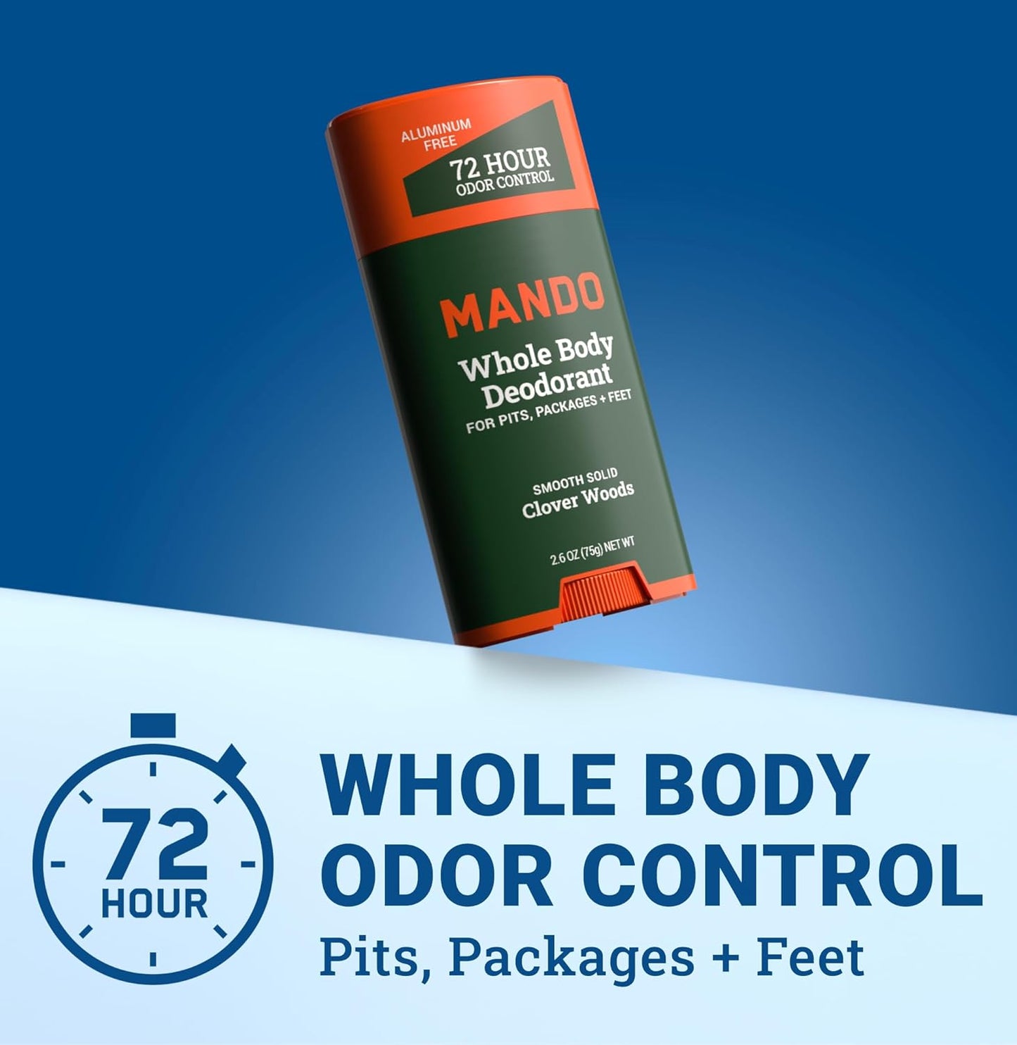 Mando Whole Body Deodorant For Men - Smooth Solid Stick - 72 Hour Odor Control - Aluminum Free, Baking Soda Free, Skin Safe - 2.6 Ounce (Pack of 2) - Clover Woods