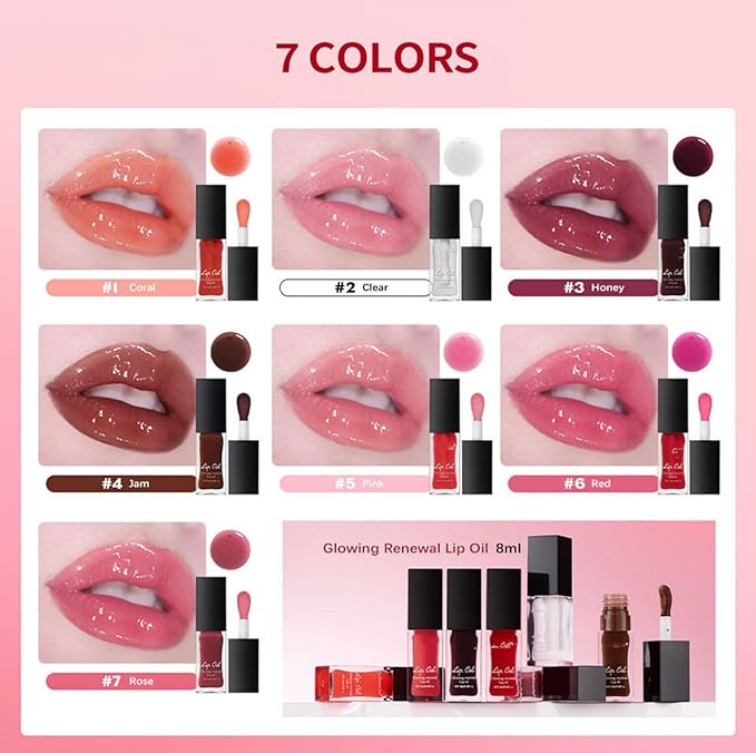 MAEPEOR Glowing Lip Oil 7 Colors Hydrating Lip Balm Nourishing Lip Care Lip Treatment Glossy Finish Non-sticky Moisturizing Lip Balm (01 Coral)