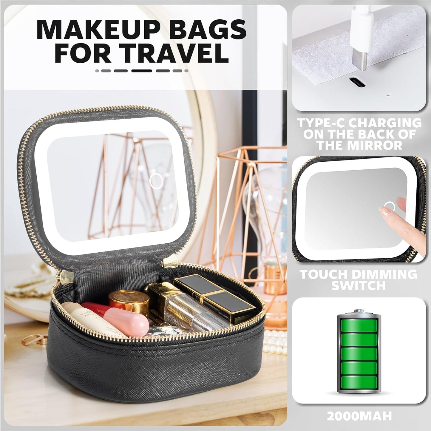 Small Makeup Bag Travel Train Case with Mirror and Light Mini Travel Make up for Women Train Case Cosmetic Organizer 3 Adjustable Brightness Toiletry Bag Portable Artist Storage