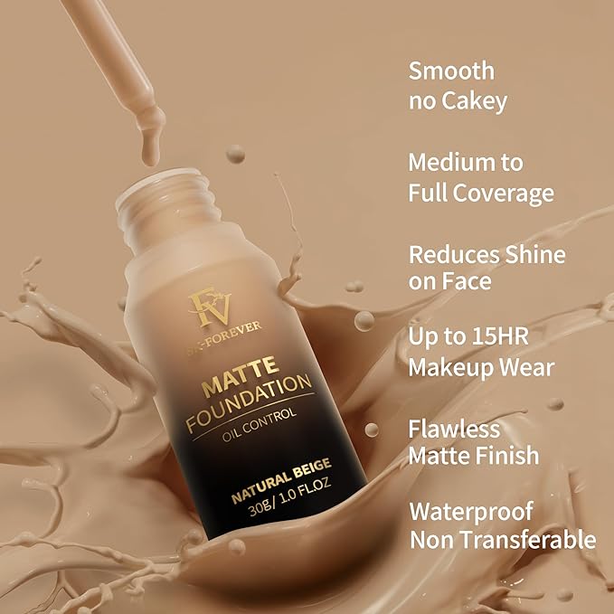 FV Full Coverage Liquid Foundation Makeup, Long Lasting Matte Foundation with Flawless Finish, Concealing & Minimizing Pores, Oil Control Waterproof for Oily Combination Skin, 1 Fl. Oz (Natural Beige)