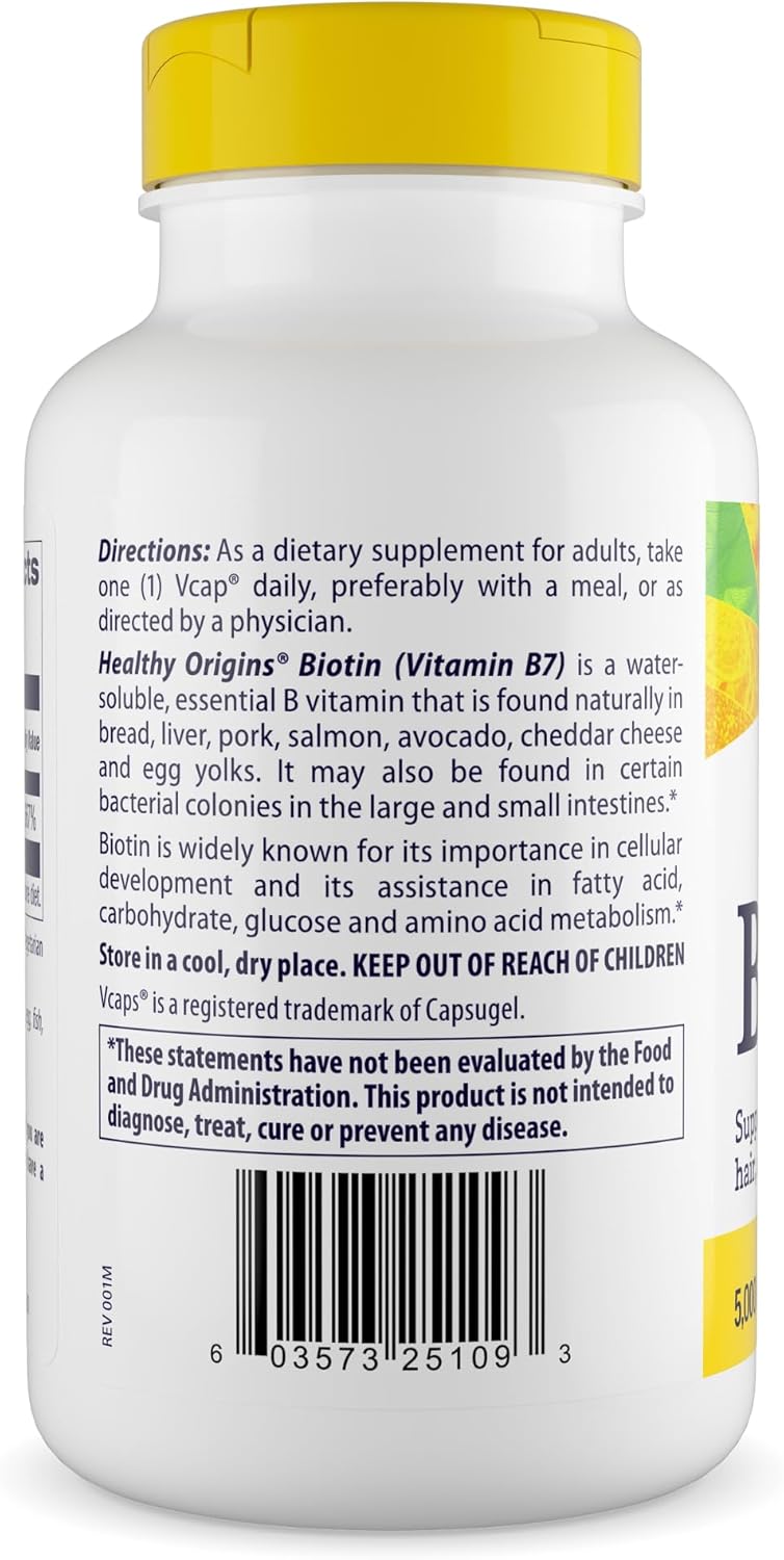 Healthy Origins Biotin 5,000 mcg (USP Grade, Non-GMO, Gluten Free, Hair Support, Nail Support), 360 Veggie Caps